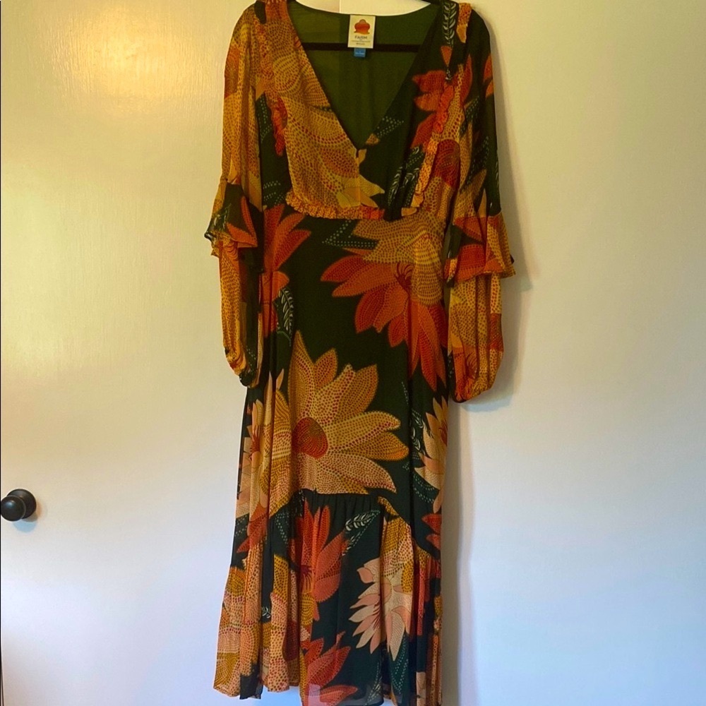 FARM Rio Dark Green and Orange Floral Long Sleeve Dress